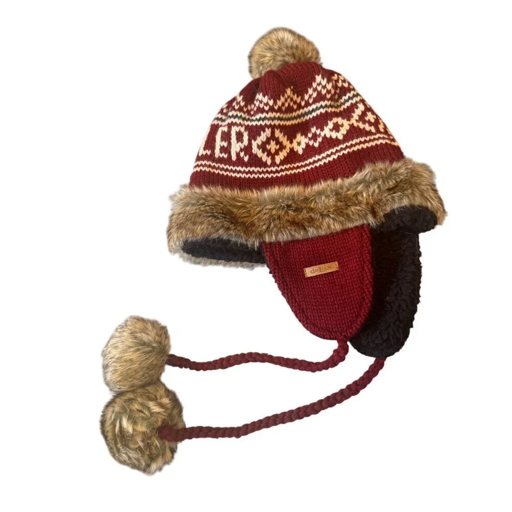 Knitted DeLux Trapper Hat With Faux Fur & Patterned Design Women's One Size